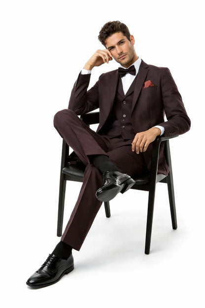 Men’s Two Button Vested Vintage Style Tweed Wedding Suit – Burgundy Modern Fit