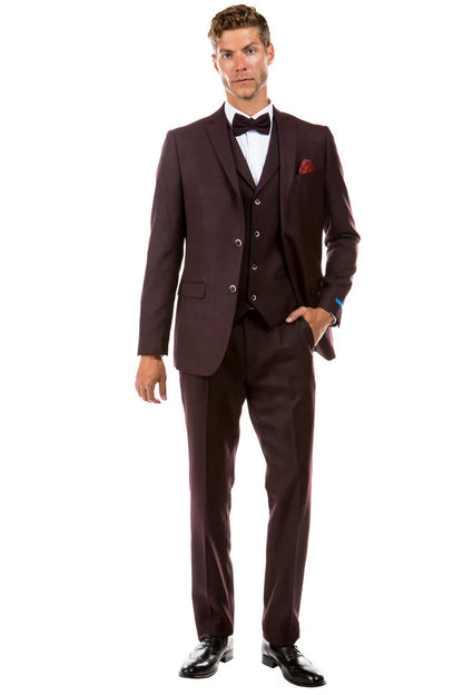Men’s Two Button Vested Vintage Style Tweed Wedding Suit – Burgundy Modern Fit