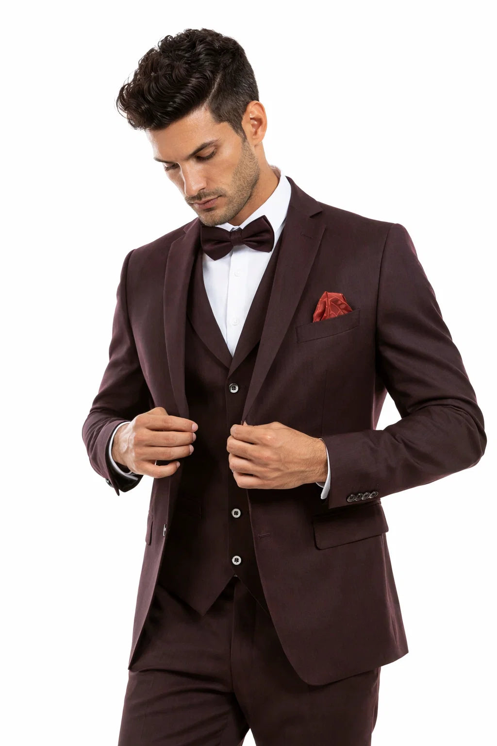 Men’s Two Button Vested Vintage Style Tweed Wedding Suit – Burgundy Modern Fit