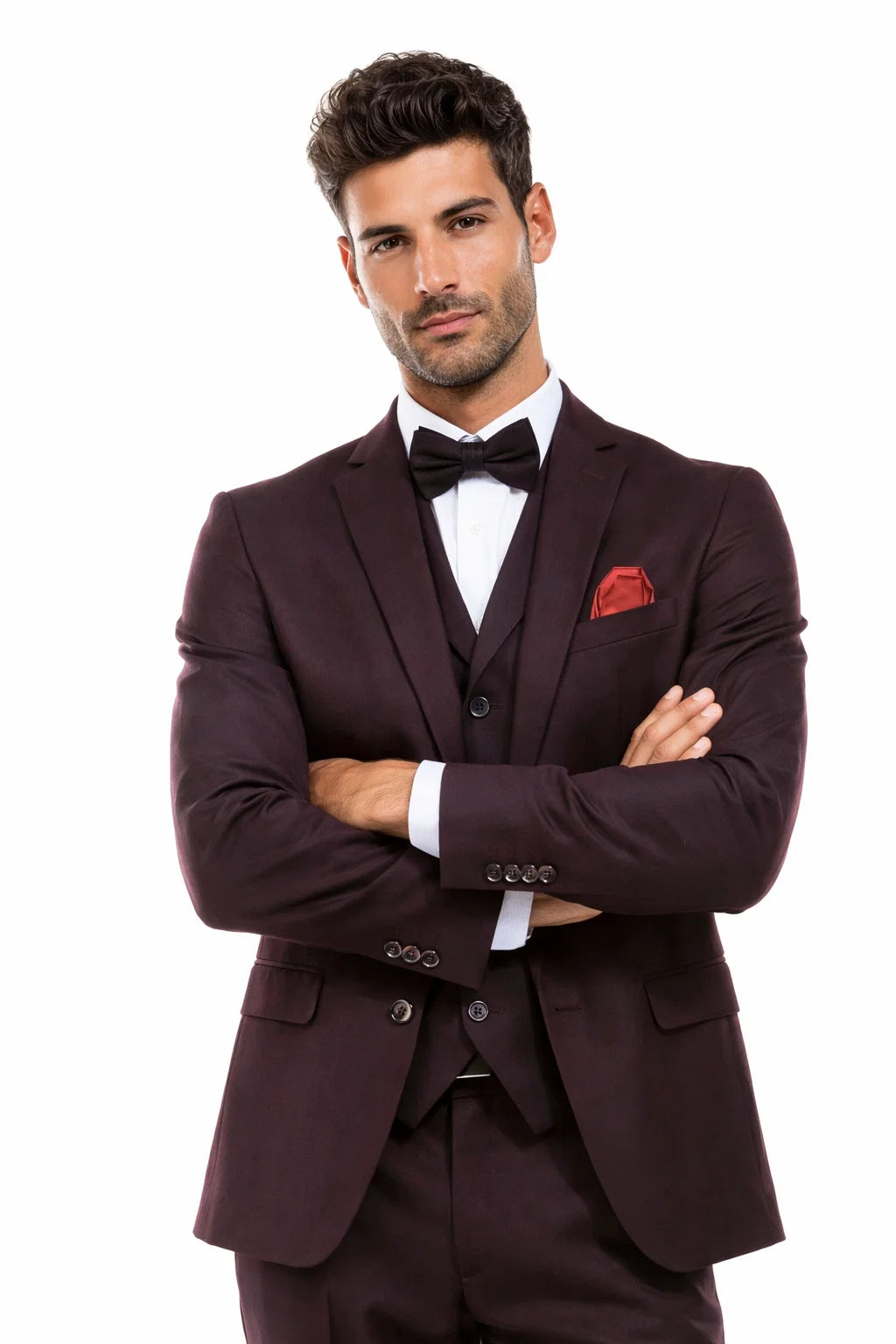 Men’s Two Button Vested Vintage Style Tweed Wedding Suit – Burgundy Modern Fit