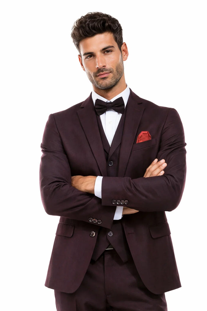 Men’s Two Button Vested Vintage Style Tweed Wedding Suit – Burgundy Modern Fit