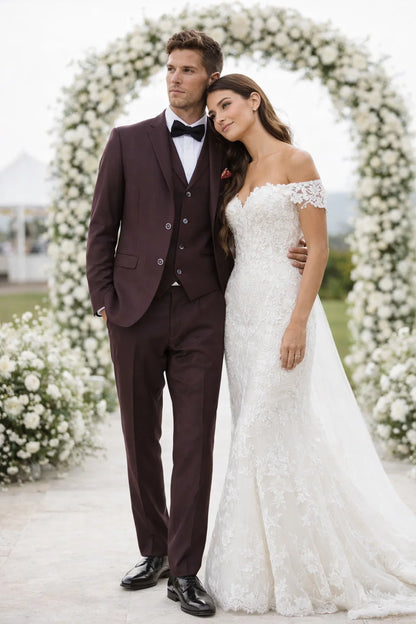 Men’s Two Button Vested Vintage Style Tweed Wedding Suit – Burgundy Modern Fit