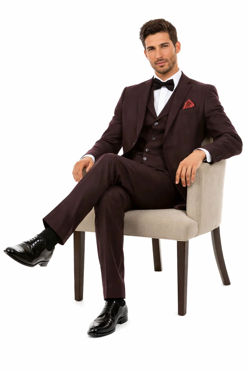 Men’s Two Button Vested Vintage Style Tweed Wedding Suit – Burgundy Modern Fit