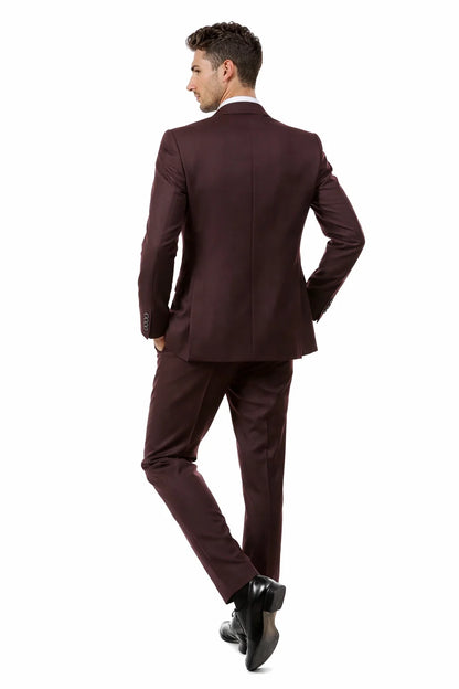 Men’s Two Button Vested Vintage Style Tweed Wedding Suit – Burgundy Modern Fit