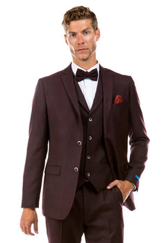 Men’s Two Button Vested Vintage Style Tweed Wedding Suit – Burgundy