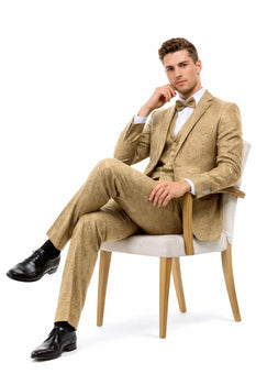 Men’s Two Button Vested Vintage Style Tweed Wedding Suit in Beige