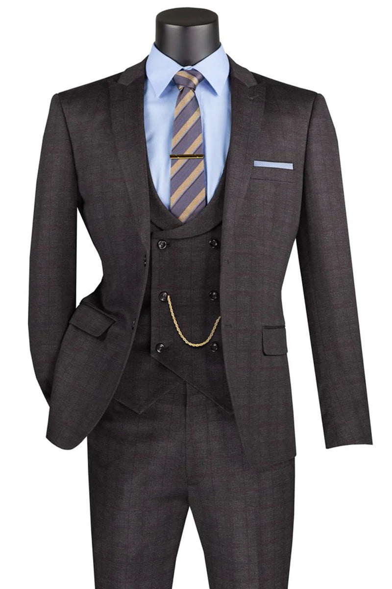 Men’s Two Button Vintage Style Slim Fit Vested Plaid Black Suit 