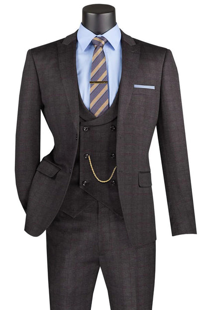 Men’s Two Button Vintage Style Slim Fit Vested Plaid Black Suit 