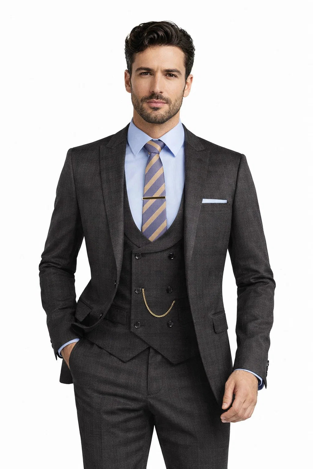 Men’s Two Button Vintage Style Slim Fit Vested Plaid Black Suit 