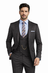 Men’s Two Button Vintage Style Slim Fit Vested Plaid Black Suit 
