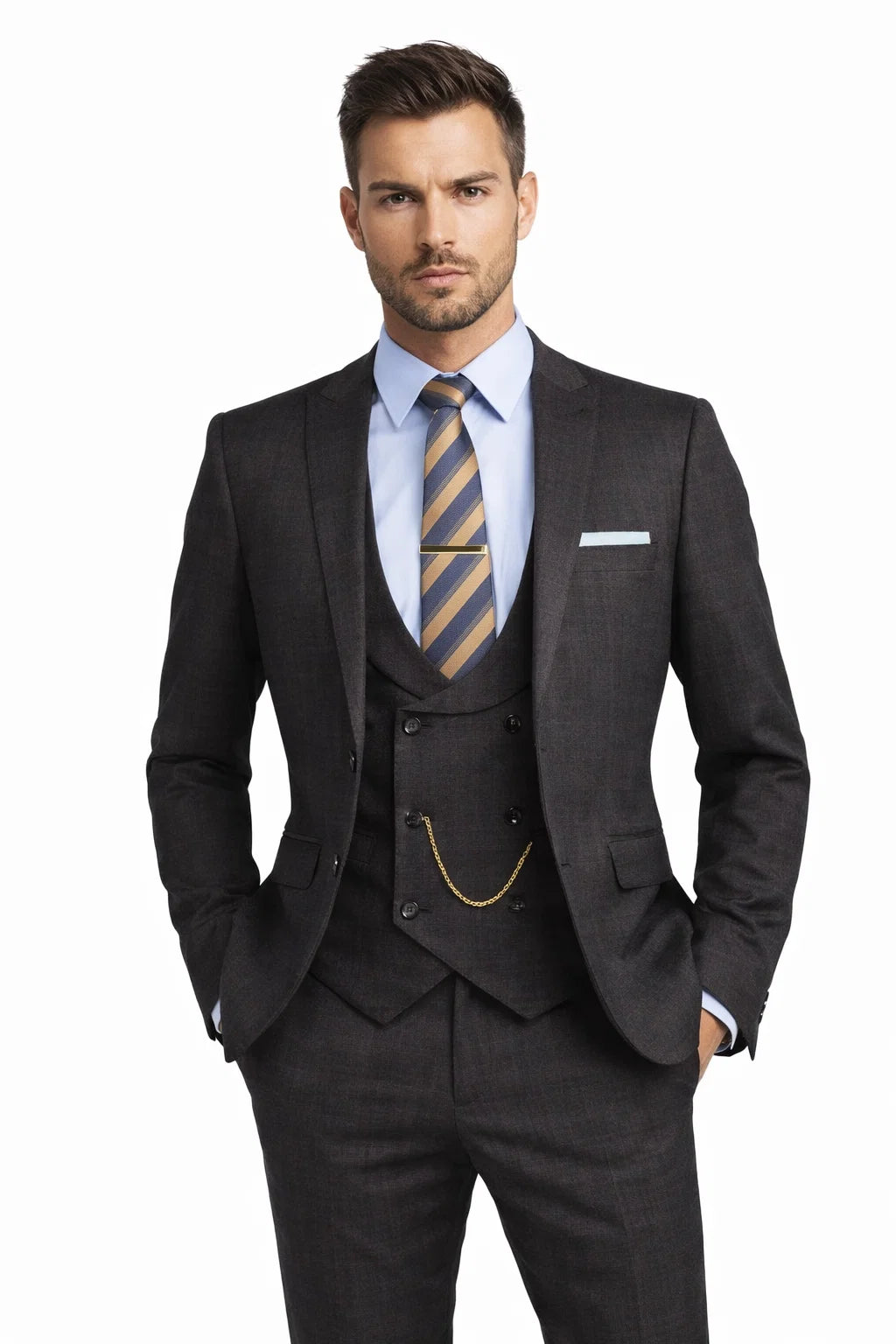 Men’s Two Button Vintage Style Slim Fit Vested Plaid Black Suit 