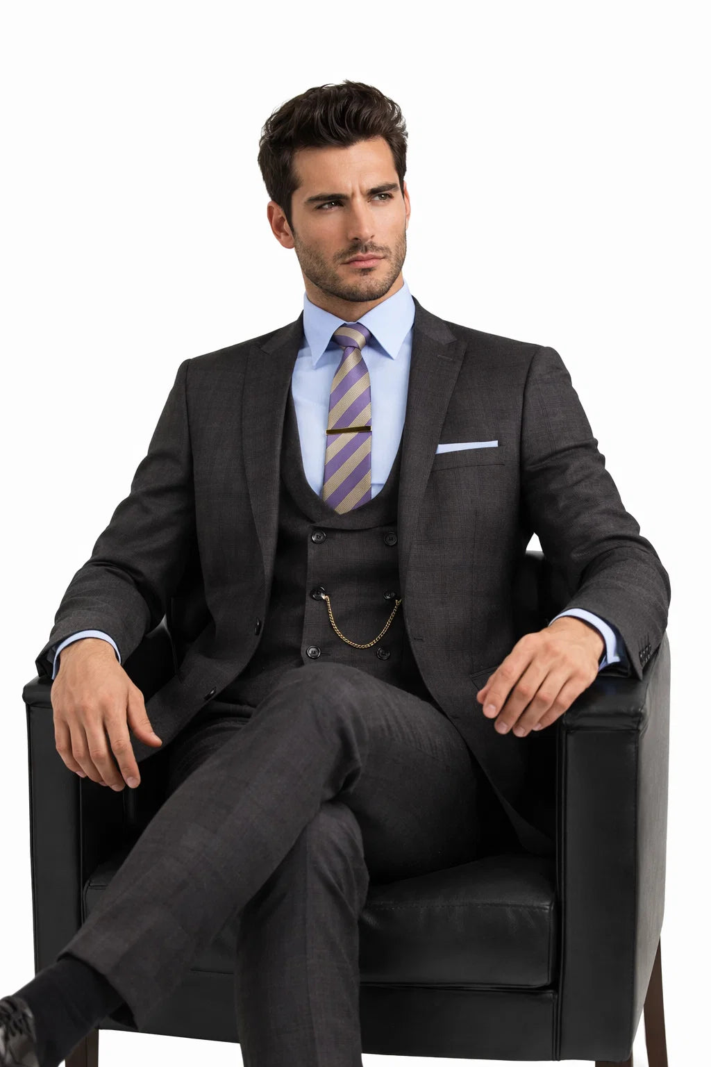 Men’s Two Button Vintage Style Slim Fit Vested Plaid Black Suit 