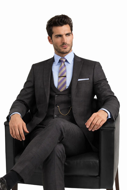 Men’s Two Button Vintage Style Slim Fit Vested Plaid Black Suit 