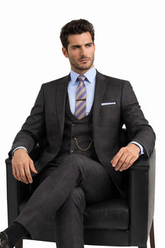 Men’s Two Button Vintage Style Slim Fit Vested Plaid Black Suit 