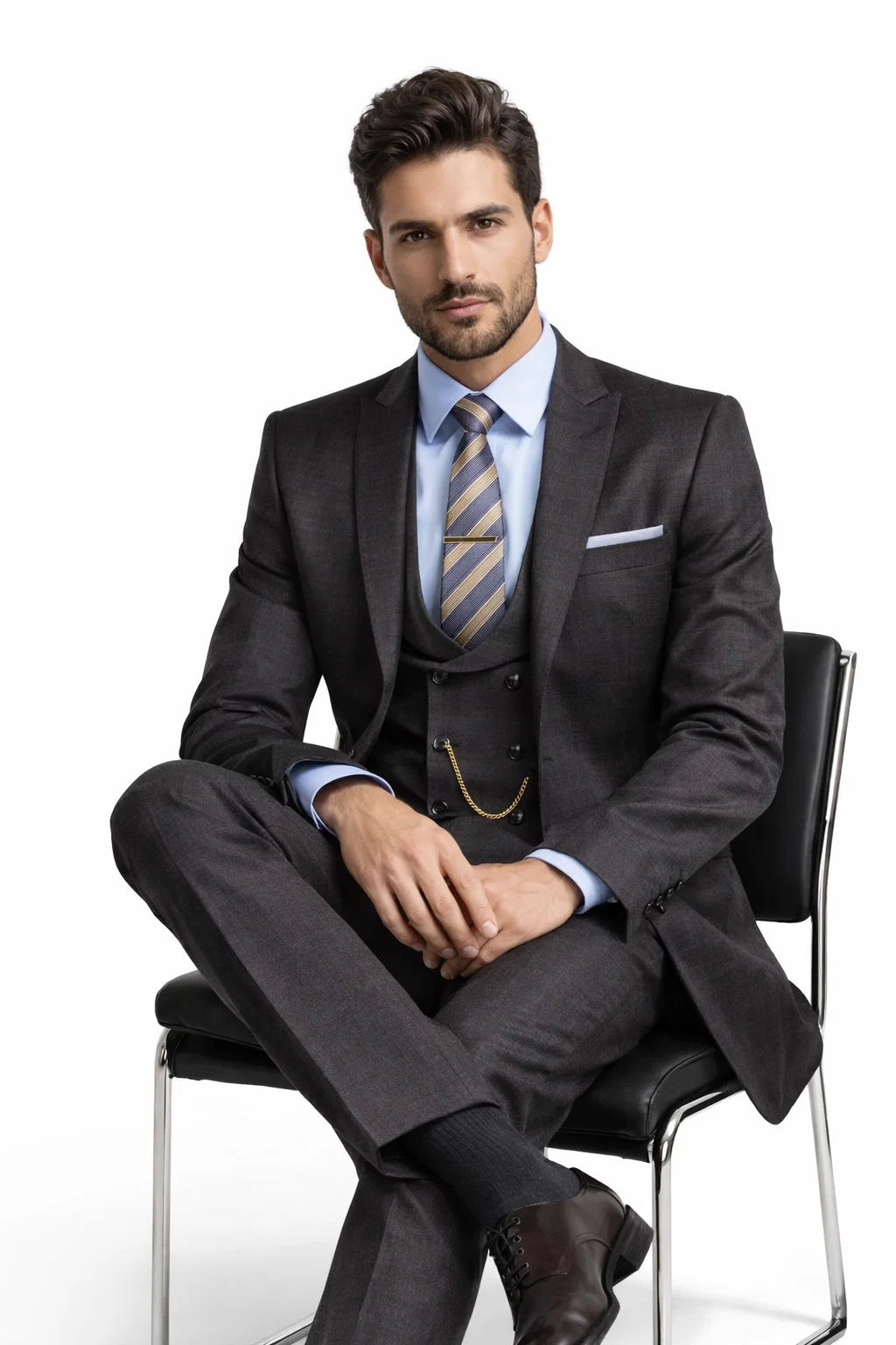 Men’s Two Button Vintage Style Slim Fit Vested Plaid Black Suit 