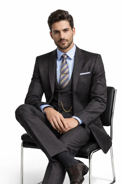 Men’s Two Button Vintage Style Slim Fit Vested Plaid Black Suit 