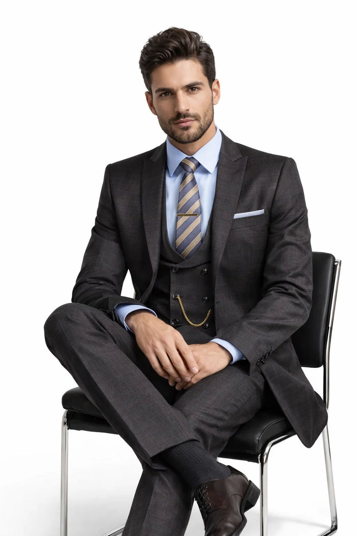 Men’s Two Button Vintage Style Slim Fit Vested Plaid Black Suit 