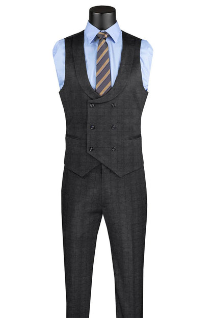 Men’s Two Button Vintage Style Slim Fit Vested Plaid Black Suit 