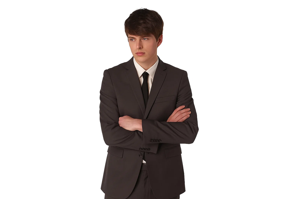 Men's Ultra Slim Cut Black Cheap Priced Business Suits Clearance Sale In 2-Button Style + Free Shirt & Tie Package Combo ~ Combination Deal