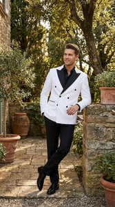 Men’s White Double Breasted Blazer Tuxedo Dinner Jacket with Black Satin Lapel