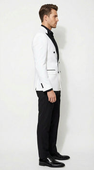 Men’s White Double Breasted Blazer Tuxedo Dinner Jacket with Black Satin Lapel