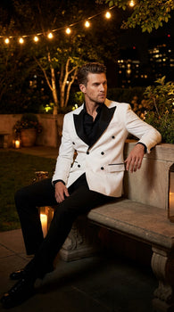 Men’s White Double Breasted Blazer Tuxedo Dinner Jacket with Black Satin Lapel