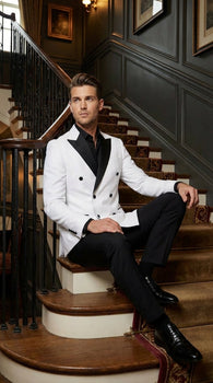 Men’s White Double Breasted Blazer Tuxedo Dinner Jacket with Black Satin Lapel