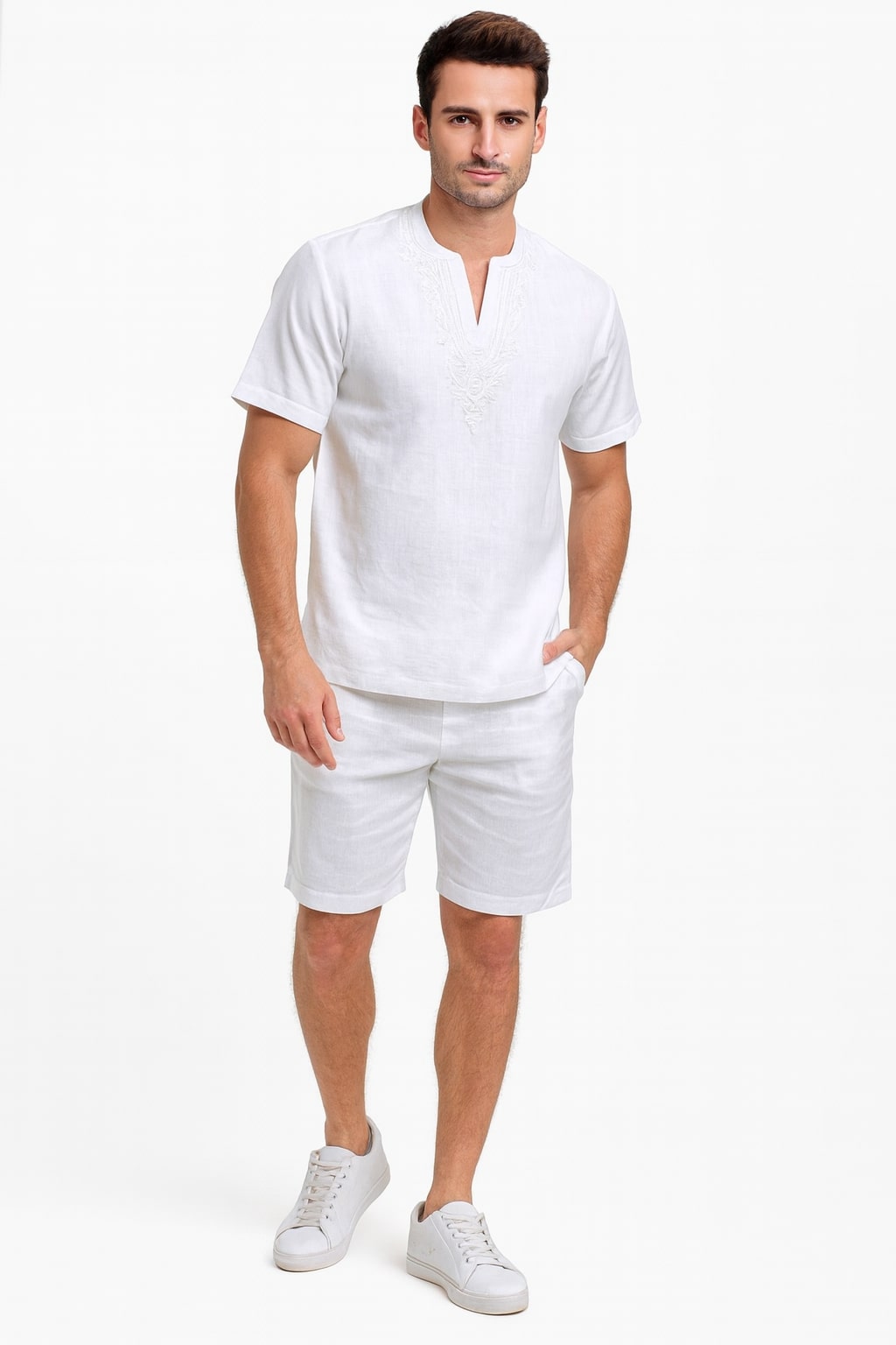 Men’s White Embroidered Short Set – Casual Summer Outfit With Walking Suit Plus Matching Pants