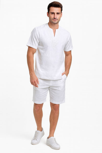 Men’s White Embroidered Short Set – Casual Summer Outfit With Walking Suit Plus Matching Pants