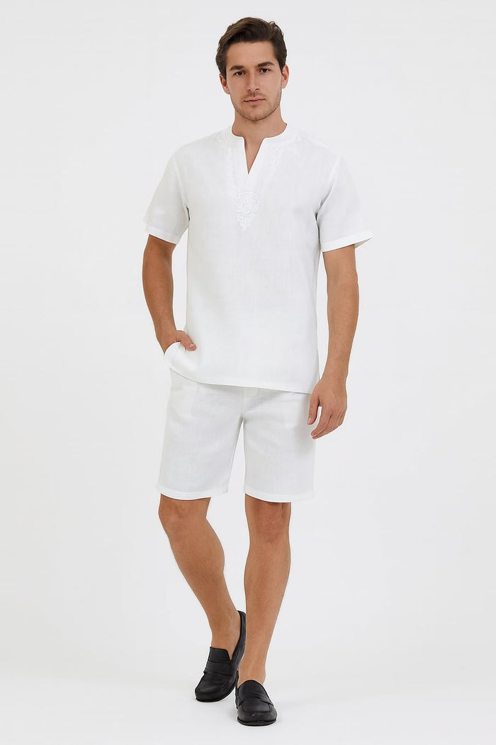 Men’s White Embroidered Short Set – Casual Summer Outfit With Walking Suit Plus Matching Pants