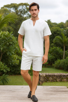 Men’s White Embroidered Short Set – Casual Summer Outfit With Walking Suit Plus Matching Pants