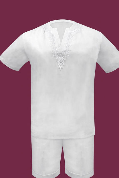 Men’s White Embroidered Short Set – Casual Summer Outfit With Walking Suit Plus Matching Pants