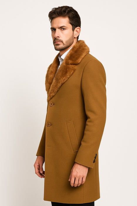 Men's Wool and Overcoat With Fur Collar Full Length 48 Inches Camel