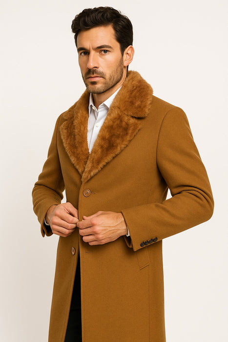 Men's Wool and Overcoat With Fur Collar Full Length 48 Inches Camel