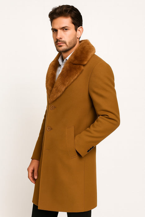Men's Wool and Overcoat With Fur Collar Full Length 48 Inches Camel