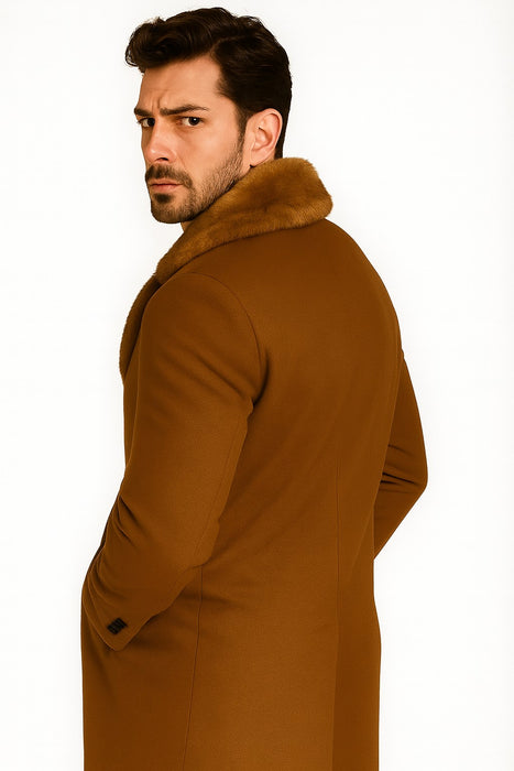Men's Wool and Overcoat With Fur Collar Full Length 48 Inches Camel