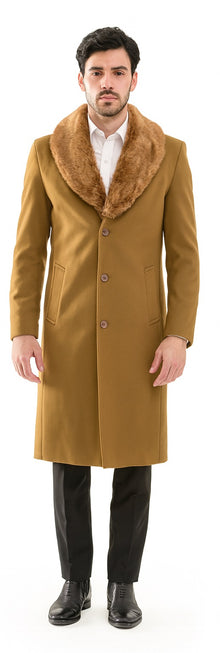 Men's Wool and Overcoat With Fur Collar Full Length 48 Inches Camel