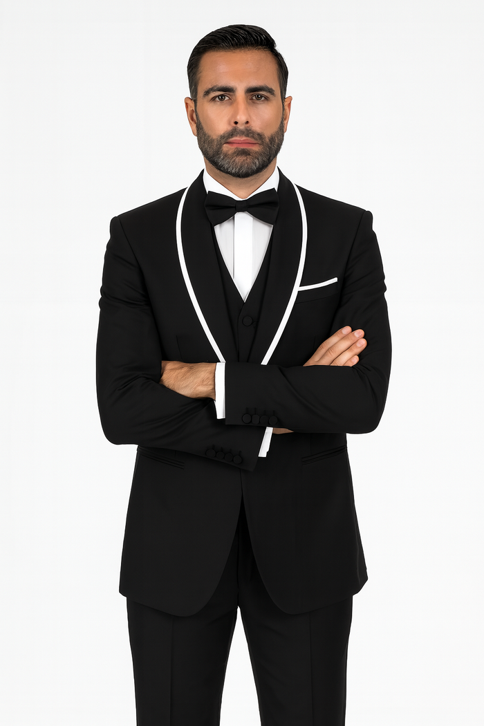 Men's Trimmed Shawl Lapel Blazer Dinner Jacket Black Vested Sport Coat - Image 7