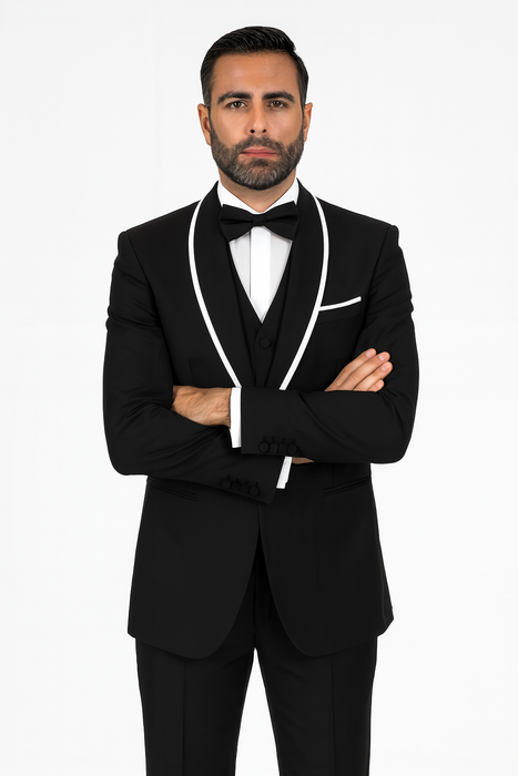Men's Trimmed Shawl Lapel Blazer Dinner Jacket Black Vested Sport Coat
