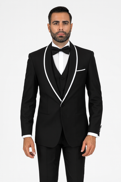 Men's Trimmed Shawl Lapel Blazer Dinner Jacket Black Vested Sport Coat