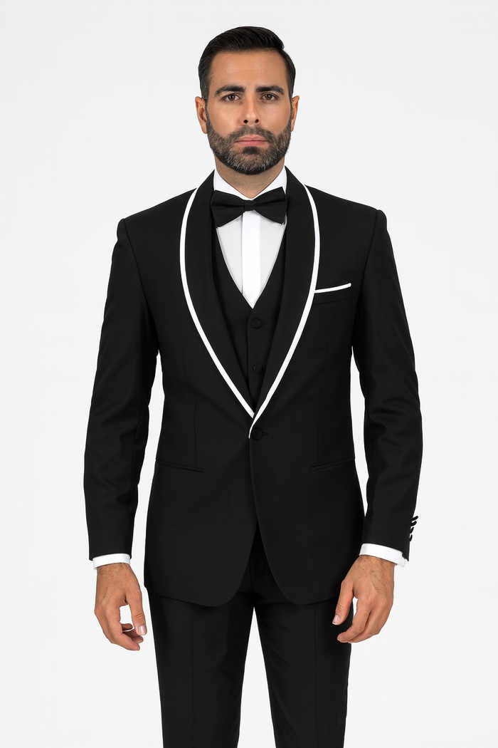 Men's Trimmed Shawl Lapel Blazer Dinner Jacket Black Vested Sport Coat