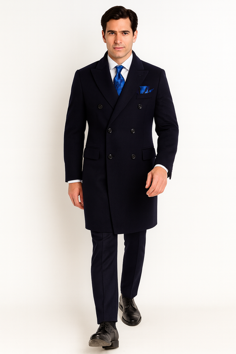 Navy Blue Overcoat - Blue Winter Topcoat - Fabric Double Breasted