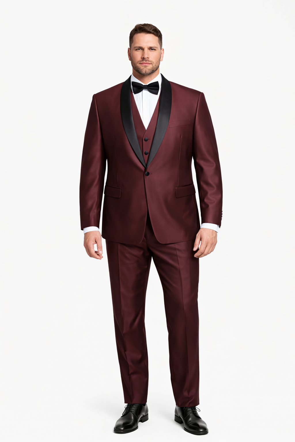 Burgundy Shiny Tuxedo Vested Suit - Sateen Sharkskin Fabric Groom Suit - Image 6