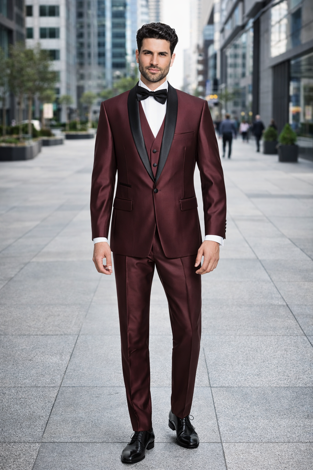 Burgundy Shiny Tuxedo Vested Suit - Sateen Sharkskin Fabric Groom Suit - Image 3