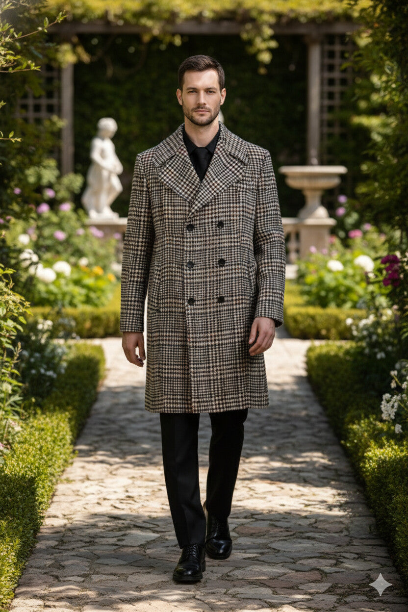 Men's Houndstooth Six Button Front Double Breasted Wool Overcoat - Image 3