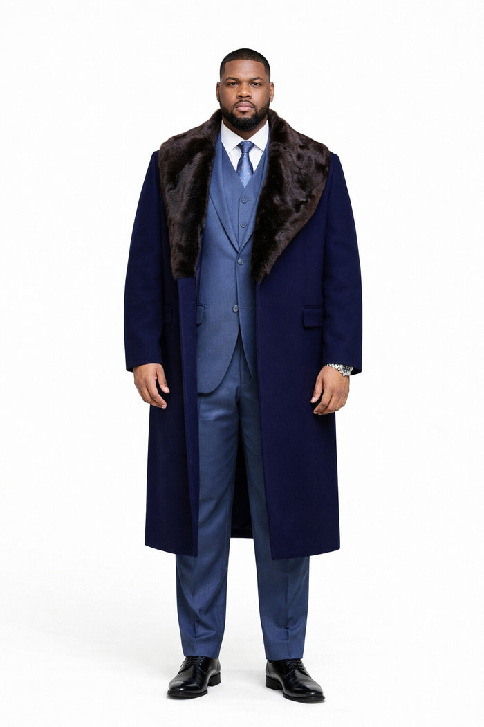 Dark Navy Blue Overcoat ~ Long Men's Dress Topcoat -  Winter coat With Fur Collar in and Fabric - Image 6