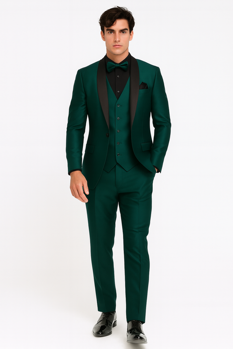 Mens Emerald Green Tuxedo with Black Satin Shawl Lapel – 3 Piece Formal Suit with Vest