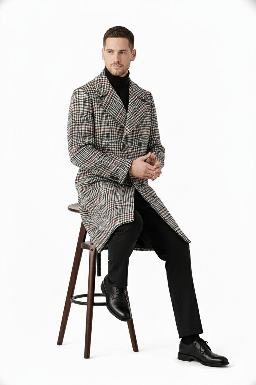 Men's Houndstooth Six Button Front Double Breasted Wool Overcoat - Image 4