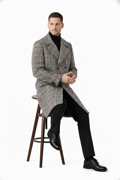 Men's Houndstooth Six Button Front Double Breasted Wool Overcoat - Image 4