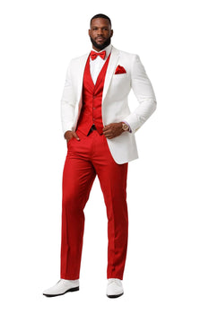 White and Red Tuxedo Wedding Suit - White Dinner Jacket + Vest + Pants + Bow-tie